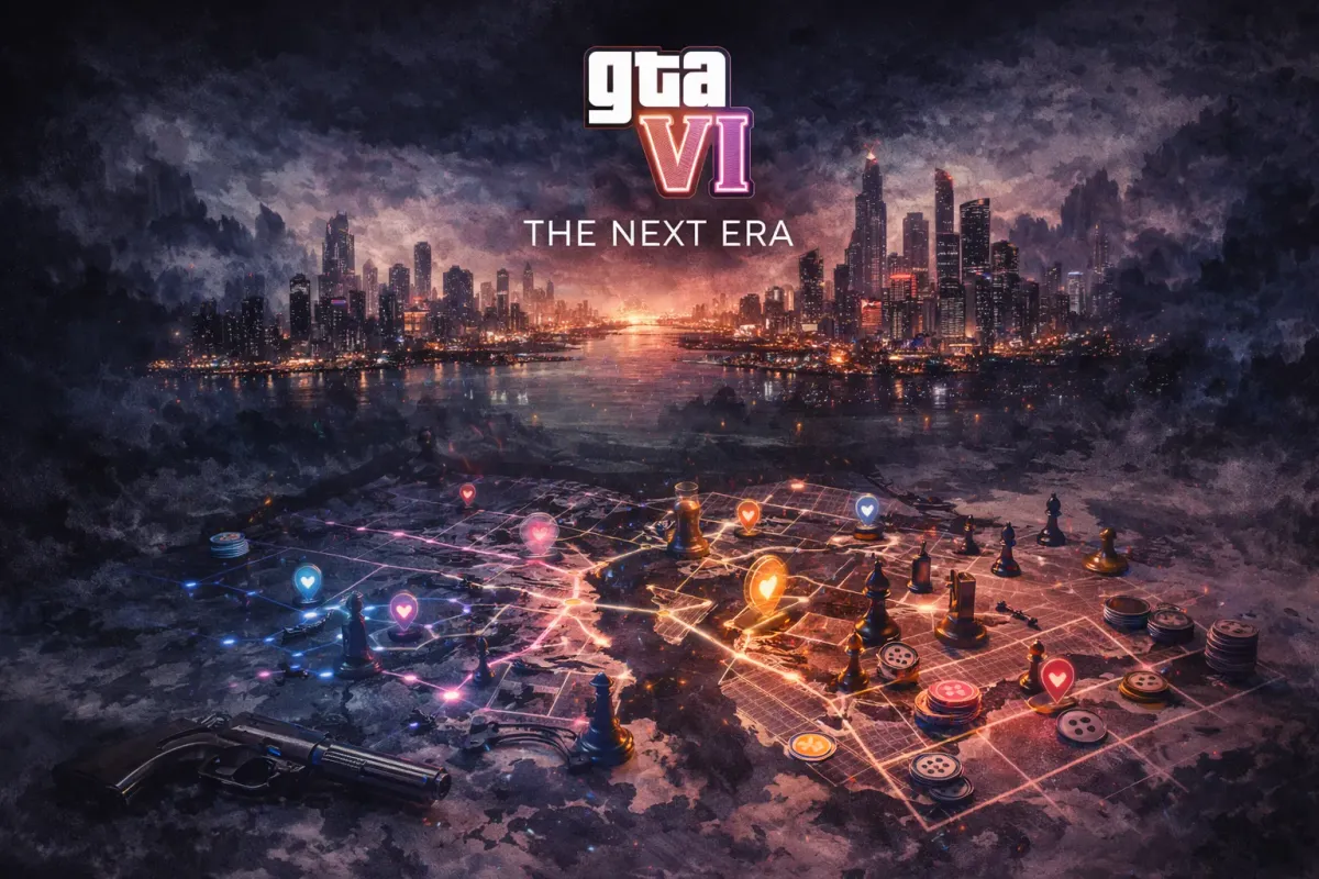 城市夜景霓虹燈，呼應 Vice City 風格