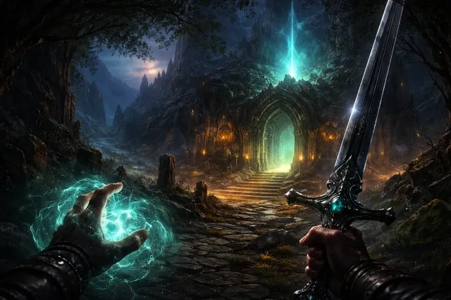 奇幻世界的廣闊風景與魔法戰鬥場景，象徵 Avowed 的史詩 RPG 冒險