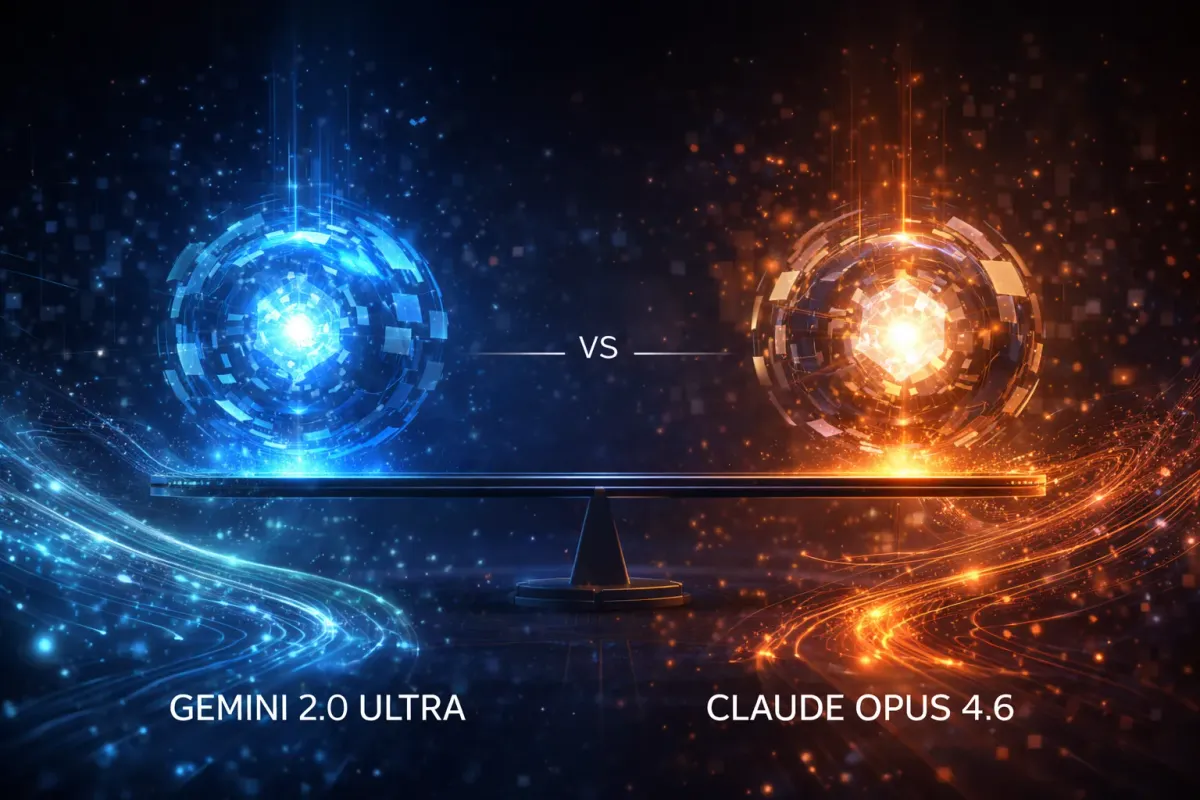 發光的 AI 神經網路連結，象徵 Gemini 2.0 Ultra 的運算能力