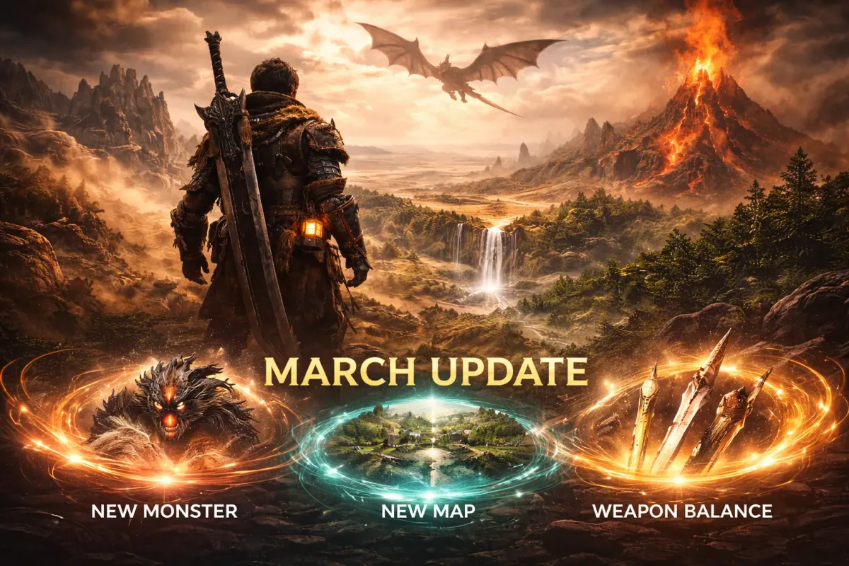 怪物獵人荒野的宏大自然場景與巨大怪物，象徵史詩級的狩獵冒險